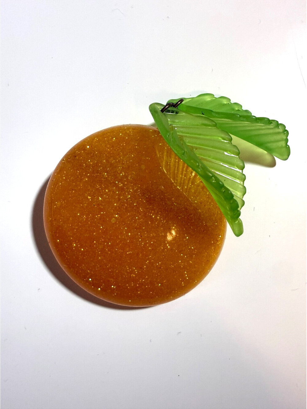 Peach Glitter Brooch - Luxulite Reproduction Lucite Apricot Fruit Resin Pin